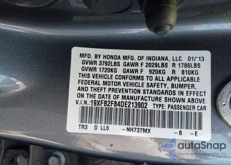 2013 Honda Civic Ex из США, поврежденный, VIN 19XFB2F84DE213902